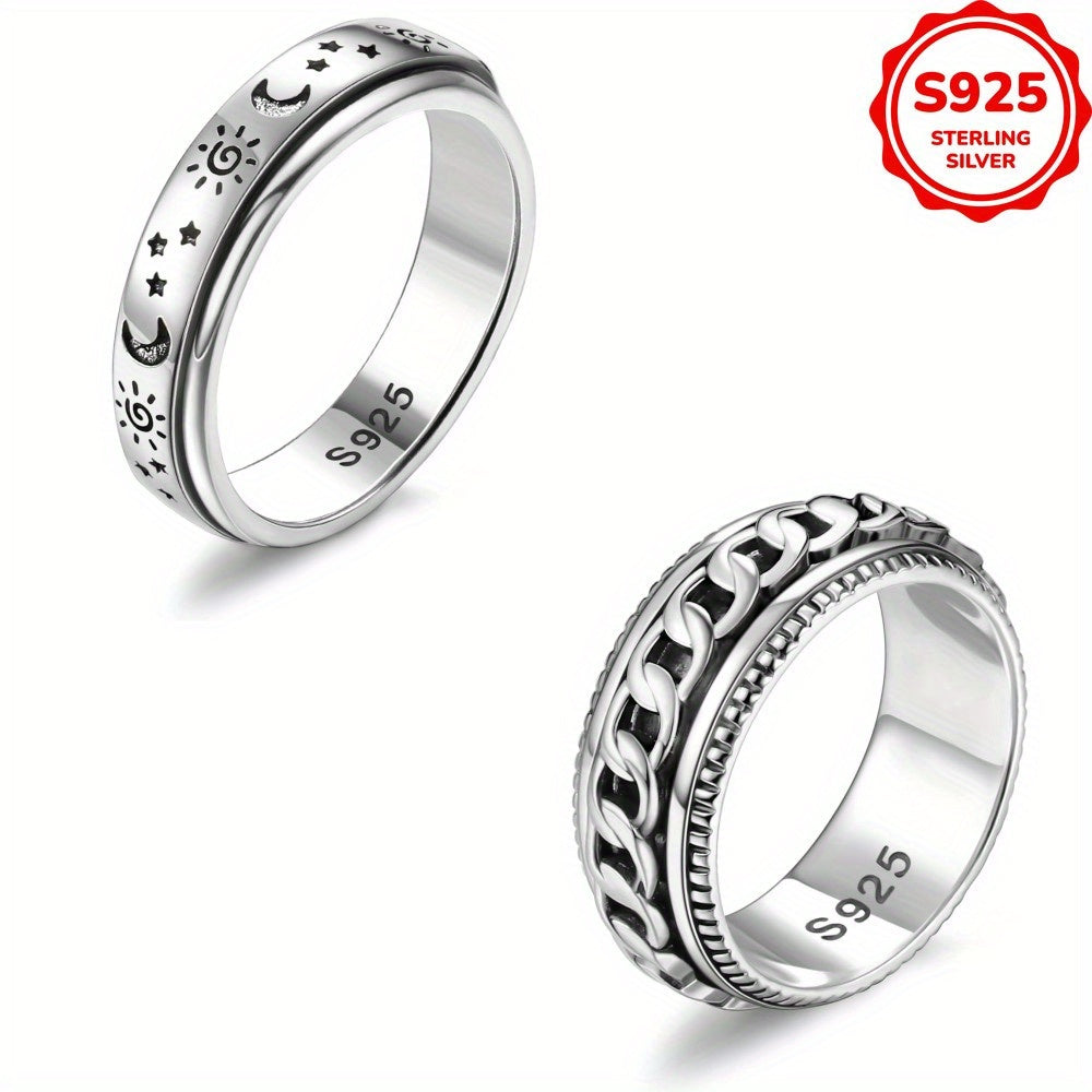 1pc 925 Sterling Silvery Anxiety Fidget Spinner Ring for Women Men - Adjustable Stress Reliever, Classic Design, 4.7g/0.17oz, Ideal for Weddings & Gifts, Wedding Accessory, Moon And Stars Motif, Durable Jewelry