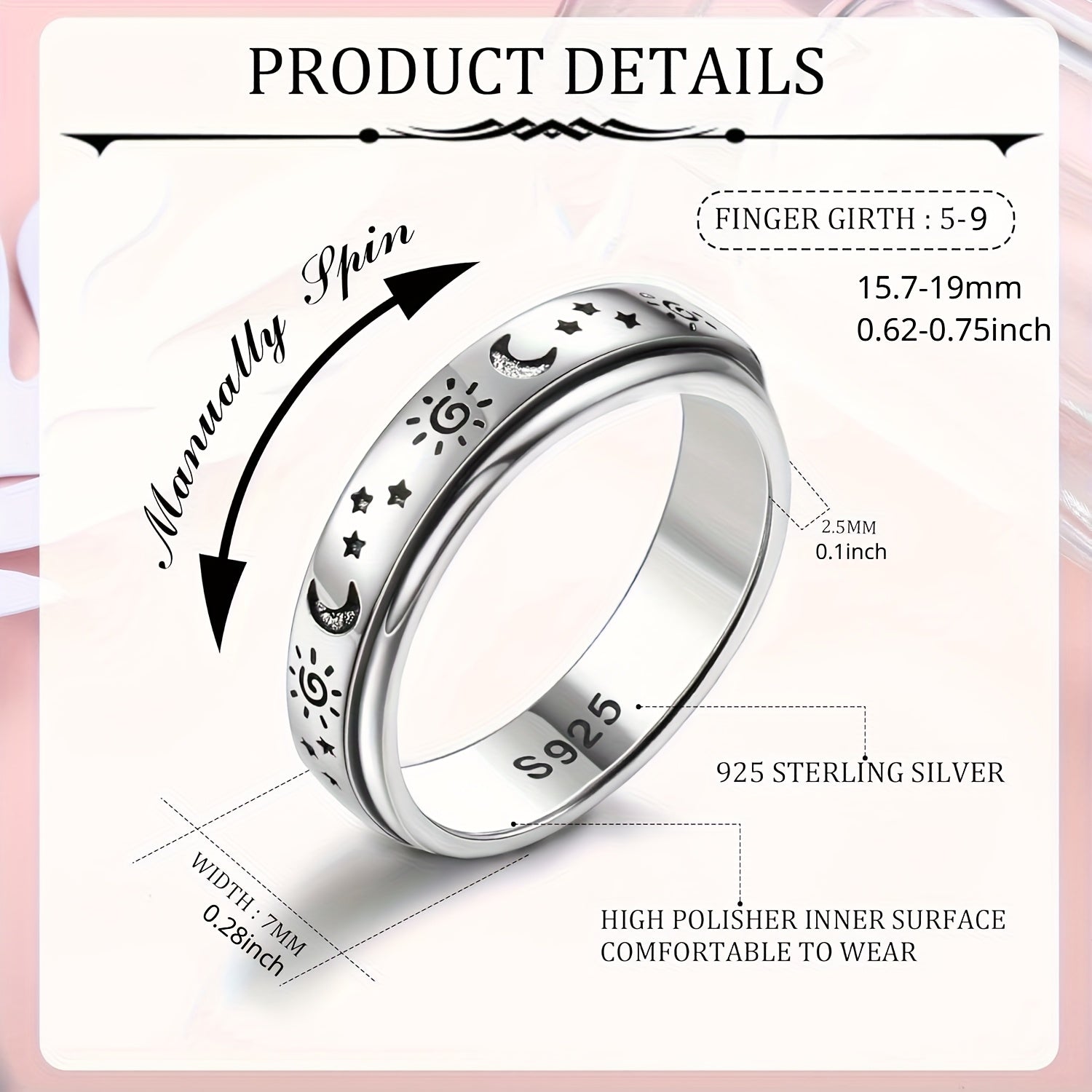 1pc 925 Sterling Silvery Anxiety Fidget Spinner Ring for Women Men - Adjustable Stress Reliever, Classic Design, 4.7g/0.17oz, Ideal for Weddings & Gifts, Wedding Accessory, Moon And Stars Motif, Durable Jewelry