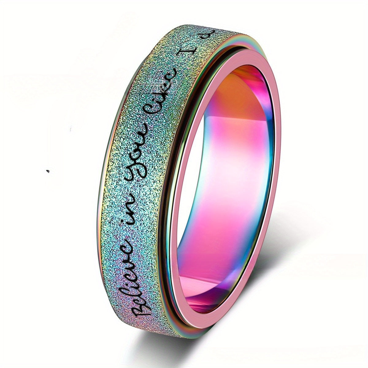 6mm Rotating Stainless Steel Ring with "Believe in Yourself" Engraving - Matte Finish, Black & White Gradient, Durable & Stylish for Men, Spring Fashion Accessory, Motivational Jewelry, Gradient Color Design, Durable Jewelry