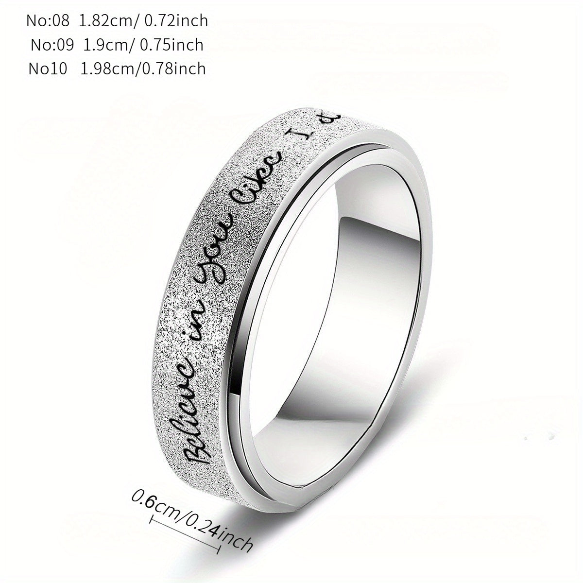 6mm Rotating Stainless Steel Ring with "Believe in Yourself" Engraving - Matte Finish, Black & White Gradient, Durable & Stylish for Men, Spring Fashion Accessory, Motivational Jewelry, Gradient Color Design, Durable Jewelry