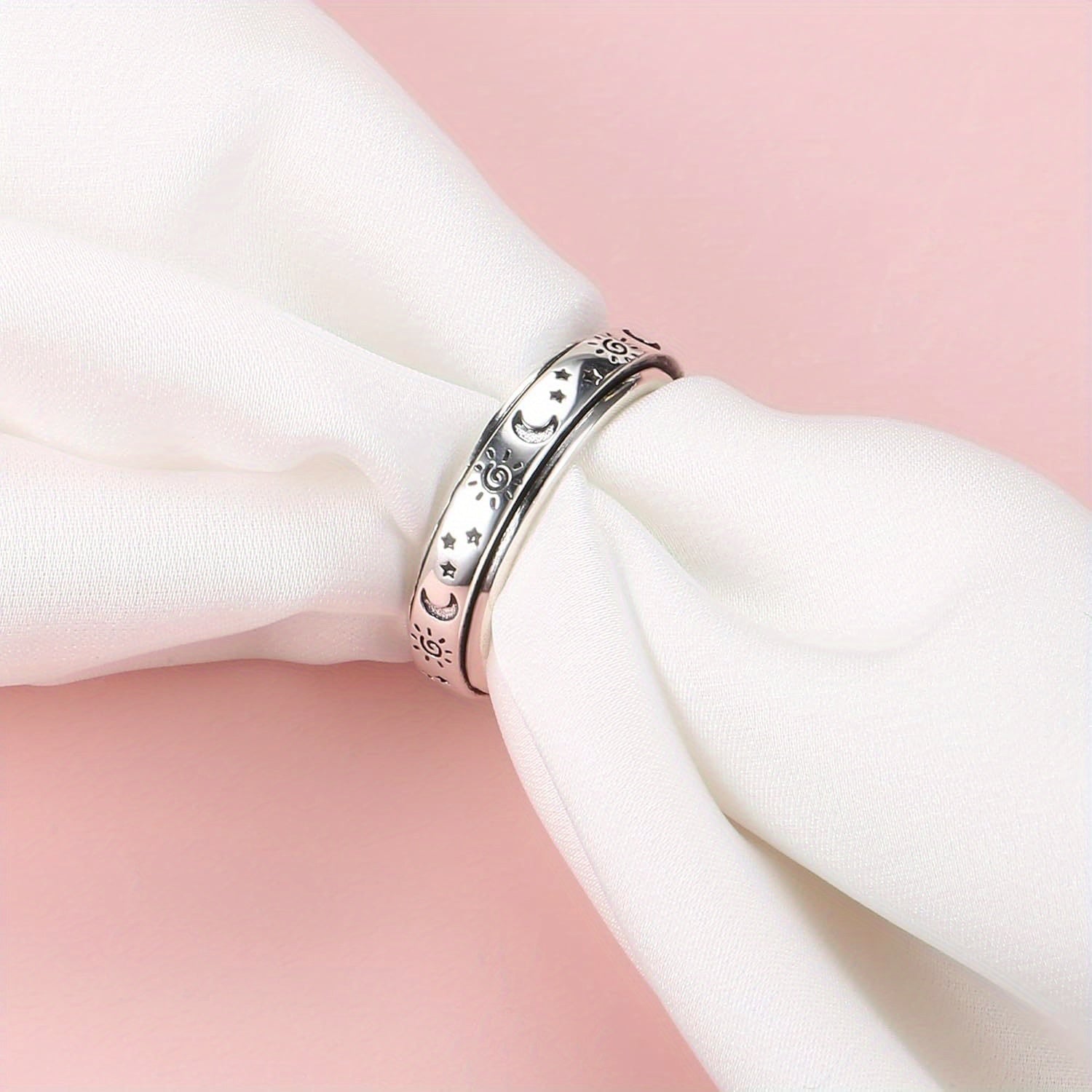 1pc 925 Sterling Silvery Anxiety Fidget Spinner Ring for Women Men - Adjustable Stress Reliever, Classic Design, 4.7g/0.17oz, Ideal for Weddings & Gifts, Wedding Accessory, Moon And Stars Motif, Durable Jewelry