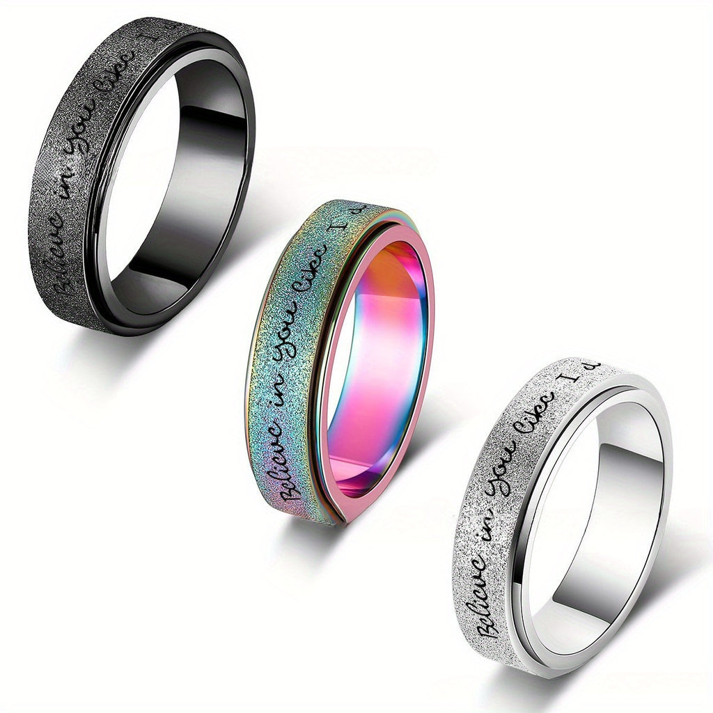 6mm Rotating Stainless Steel Ring with "Believe in Yourself" Engraving - Matte Finish, Black & White Gradient, Durable & Stylish for Men, Spring Fashion Accessory, Motivational Jewelry, Gradient Color Design, Durable Jewelry