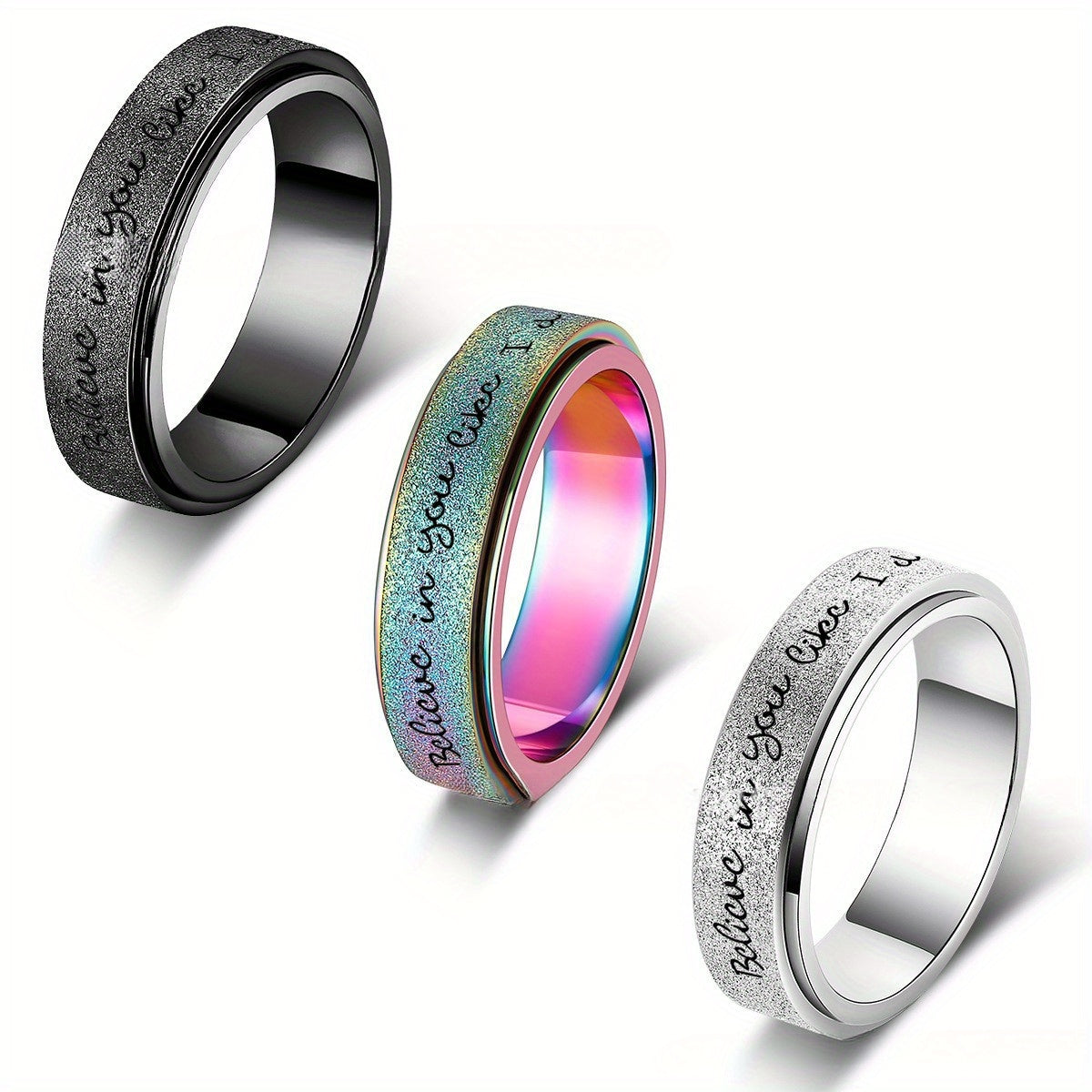 6mm Rotating Stainless Steel Ring with "Believe in Yourself" Engraving - Matte Finish, Black & White Gradient, Durable & Stylish for Men, Spring Fashion Accessory, Motivational Jewelry, Gradient Color Design, Durable Jewelry