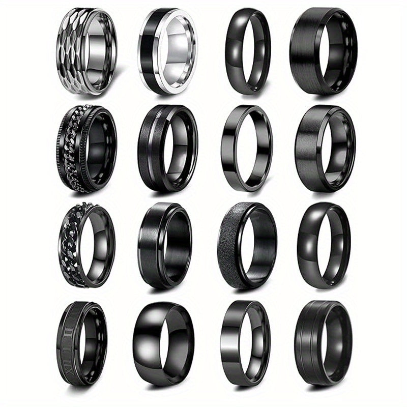 16pcs Rotatable Stainless Steel Ring Set - Fashionable And Simple, Suitable for Men And Women, Daily Matching And Festivals