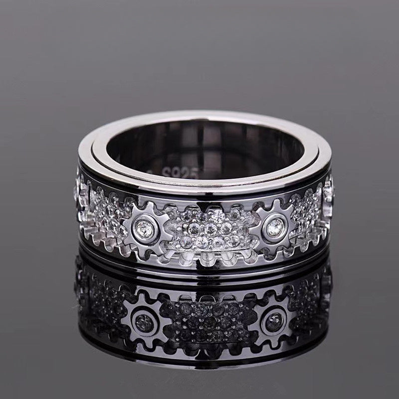 1pc 925 Silvery Gear Turnable Mechanical Retro Ring, Fall And Winter Street Fashion Men'S And Women'S Exclusive Jewelry, Suitable for Various Festivals And Occasions, Is Also The Best New Year Gift for Friends