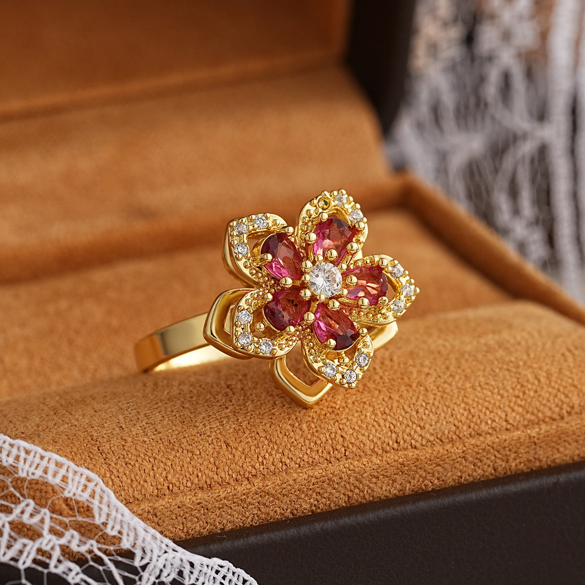 Women's 360° Rotating Color-Changing Flower Ring - Stainless Steel Interchangeable Face Jewelry with Multi-Color Options (Purple, Green, Pink, Red, Clear) | Rotatable Flower Petals & Center | Birthday/Baptism/Halloween/Christmas Gift | Elegant Gift Box