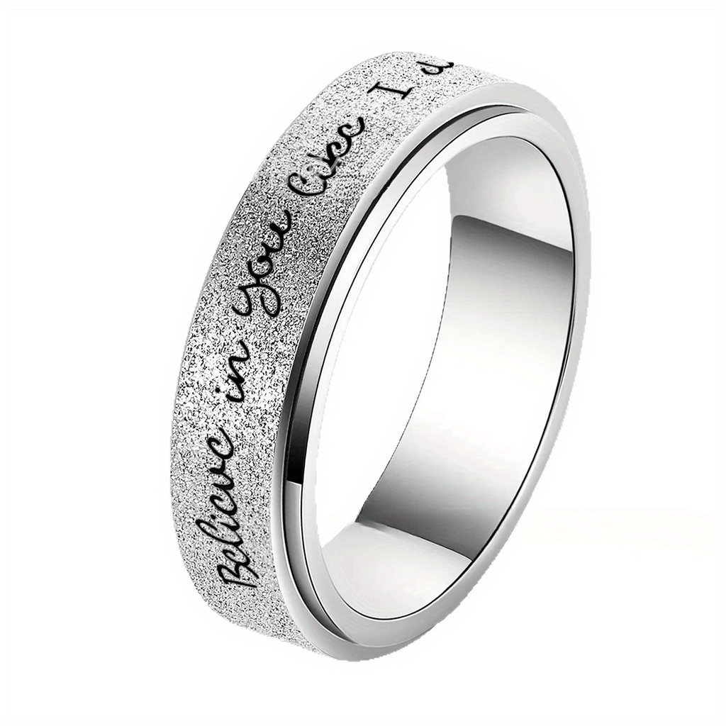 6mm Rotating Stainless Steel Ring with "Believe in Yourself" Engraving - Matte Finish, Black & White Gradient, Durable & Stylish for Men, Spring Fashion Accessory, Motivational Jewelry, Gradient Color Design, Durable Jewelry