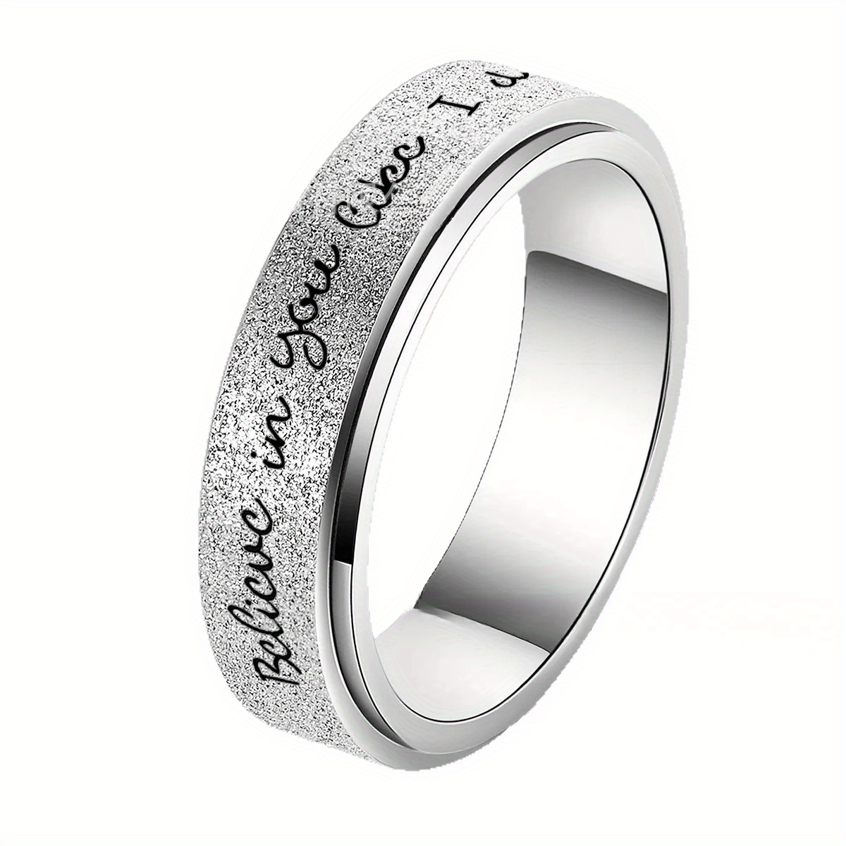 6mm Rotating Stainless Steel Ring with "Believe in Yourself" Engraving - Matte Finish, Black & White Gradient, Durable & Stylish for Men, Spring Fashion Accessory, Motivational Jewelry, Gradient Color Design, Durable Jewelry