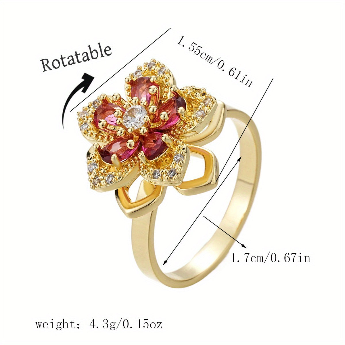 Women's 360° Rotating Color-Changing Flower Ring - Stainless Steel Interchangeable Face Jewelry with Multi-Color Options (Purple, Green, Pink, Red, Clear) | Rotatable Flower Petals & Center | Birthday/Baptism/Halloween/Christmas Gift | Elegant Gift Box
