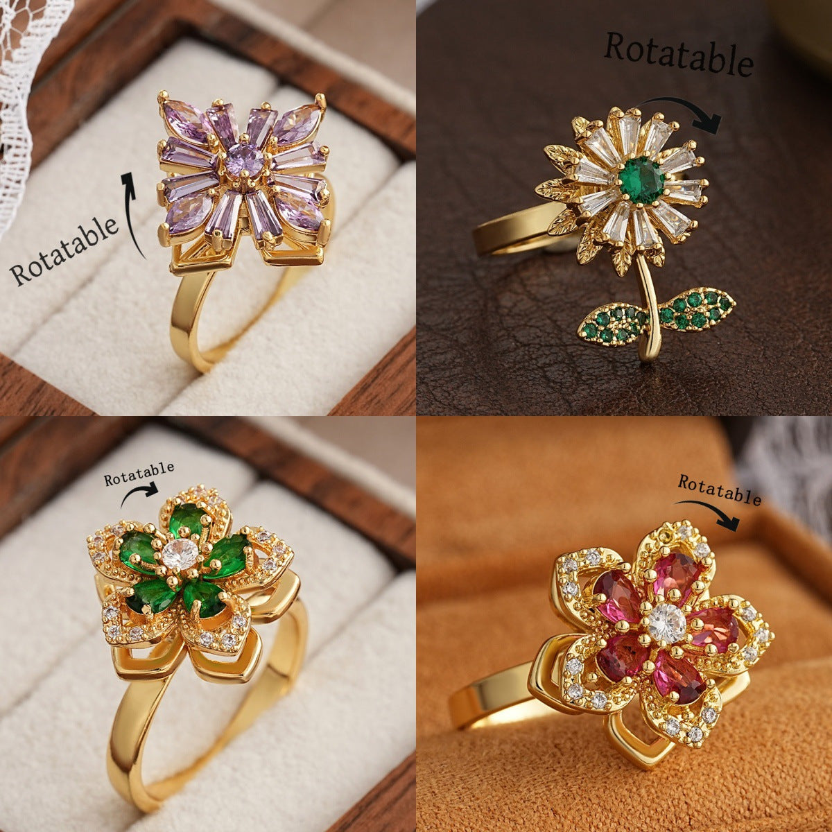 Women's 360° Rotating Color-Changing Flower Ring - Stainless Steel Interchangeable Face Jewelry with Multi-Color Options (Purple, Green, Pink, Red, Clear) | Rotatable Flower Petals & Center | Birthday/Baptism/Halloween/Christmas Gift | Elegant Gift Box