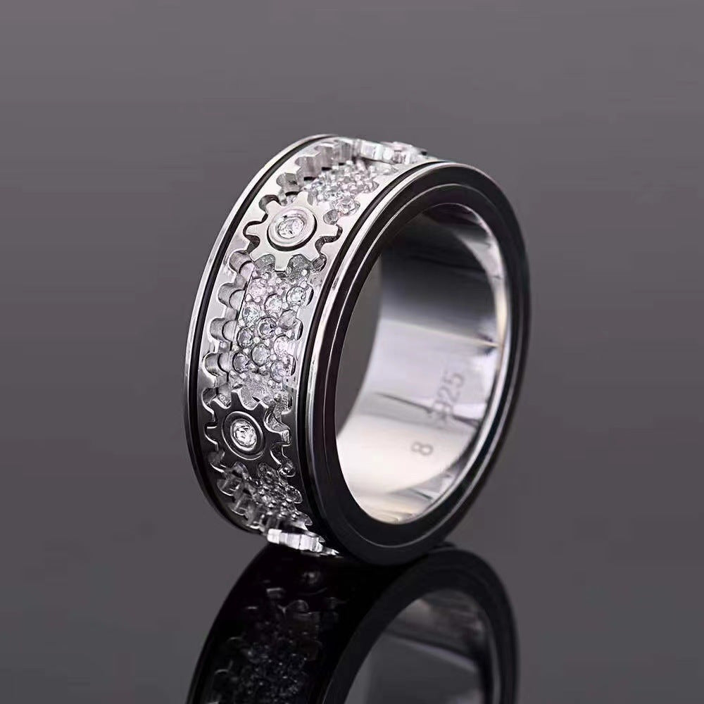 1pc 925 Silvery Gear Turnable Mechanical Retro Ring, Fall And Winter Street Fashion Men'S And Women'S Exclusive Jewelry, Suitable for Various Festivals And Occasions, Is Also The Best New Year Gift for Friends