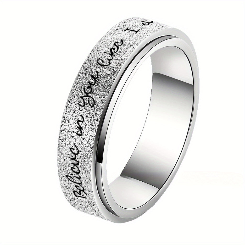 6mm Rotating Stainless Steel Ring with "Believe in Yourself" Engraving - Matte Finish, Black & White Gradient, Durable & Stylish for Men, Spring Fashion Accessory, Motivational Jewelry, Gradient Color Design, Durable Jewelry