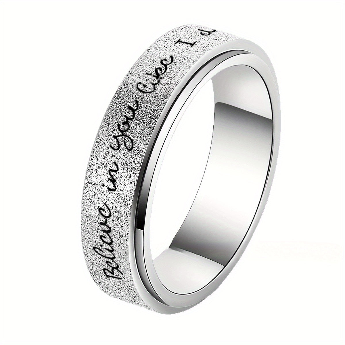 6mm Rotating Stainless Steel Ring with "Believe in Yourself" Engraving - Matte Finish, Black & White Gradient, Durable & Stylish for Men, Spring Fashion Accessory, Motivational Jewelry, Gradient Color Design, Durable Jewelry