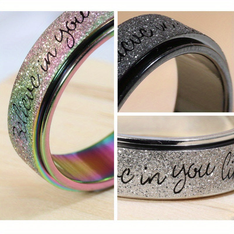 6mm Rotating Stainless Steel Ring with "Believe in Yourself" Engraving - Matte Finish, Black & White Gradient, Durable & Stylish for Men, Spring Fashion Accessory, Motivational Jewelry, Gradient Color Design, Durable Jewelry