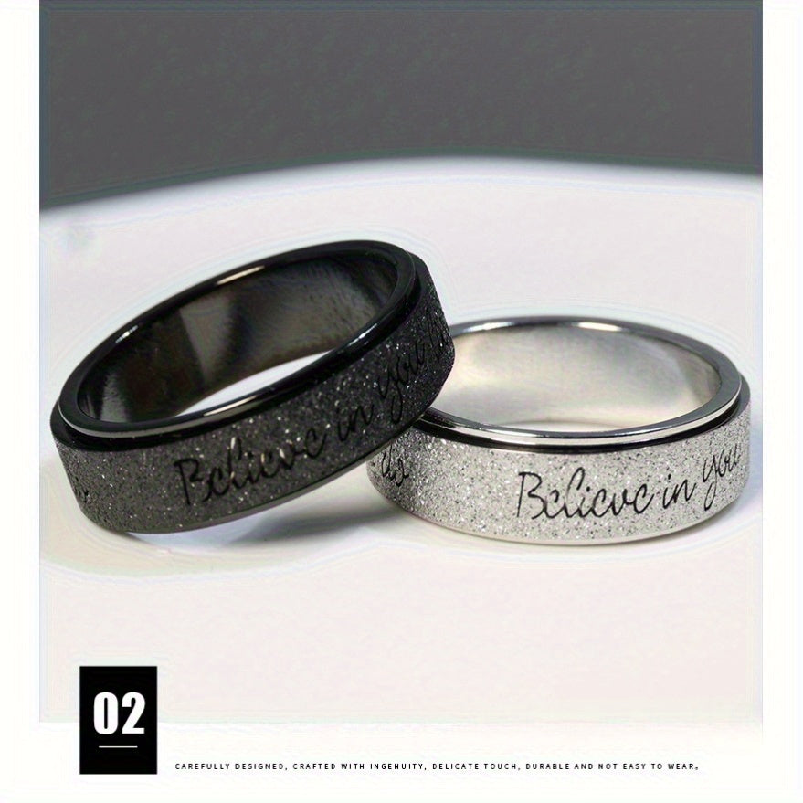 6mm Rotating Stainless Steel Ring with "Believe in Yourself" Engraving - Matte Finish, Black & White Gradient, Durable & Stylish for Men, Spring Fashion Accessory, Motivational Jewelry, Gradient Color Design, Durable Jewelry