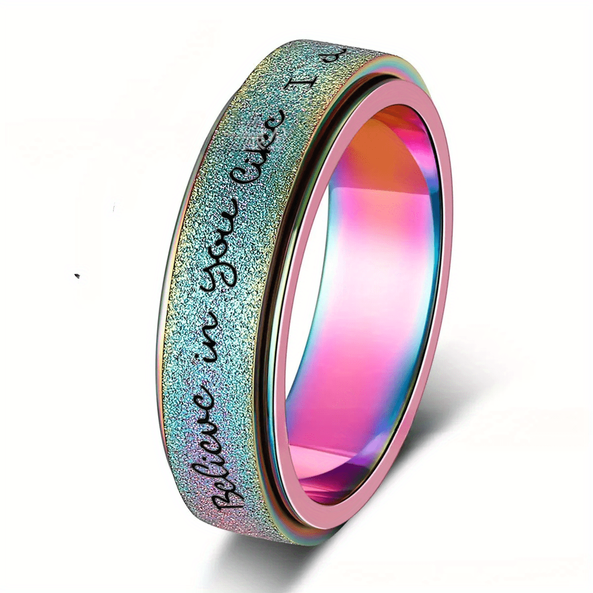 6mm Rotating Stainless Steel Ring with "Believe in Yourself" Engraving - Matte Finish, Black & White Gradient, Durable & Stylish for Men, Spring Fashion Accessory, Motivational Jewelry, Gradient Color Design, Durable Jewelry