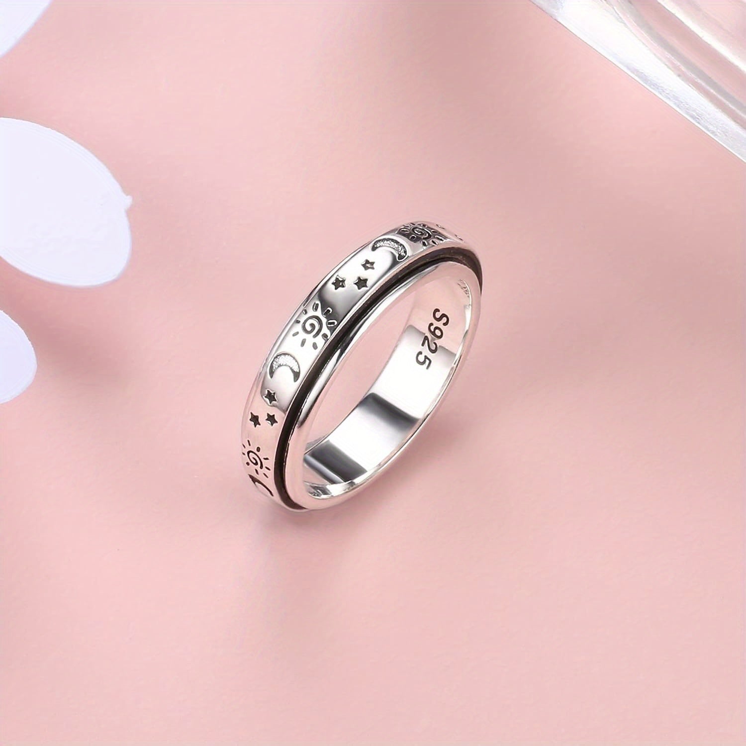 1pc 925 Sterling Silvery Anxiety Fidget Spinner Ring for Women Men - Adjustable Stress Reliever, Classic Design, 4.7g/0.17oz, Ideal for Weddings & Gifts, Wedding Accessory, Moon And Stars Motif, Durable Jewelry