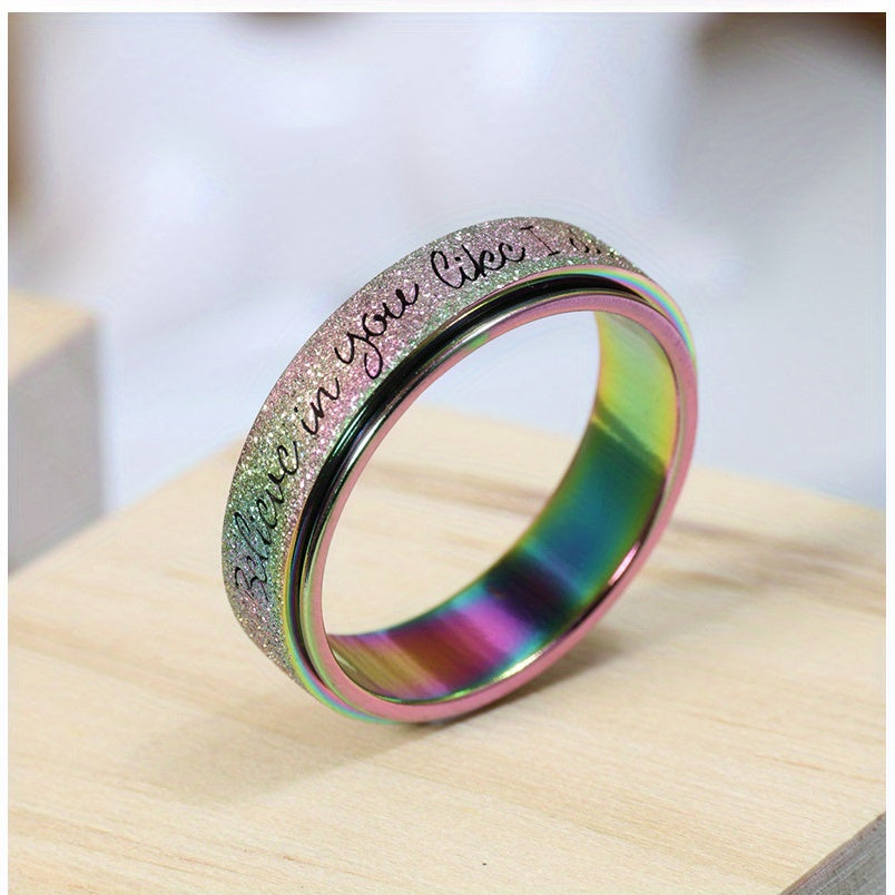 6mm Rotating Stainless Steel Ring with "Believe in Yourself" Engraving - Matte Finish, Black & White Gradient, Durable & Stylish for Men, Spring Fashion Accessory, Motivational Jewelry, Gradient Color Design, Durable Jewelry