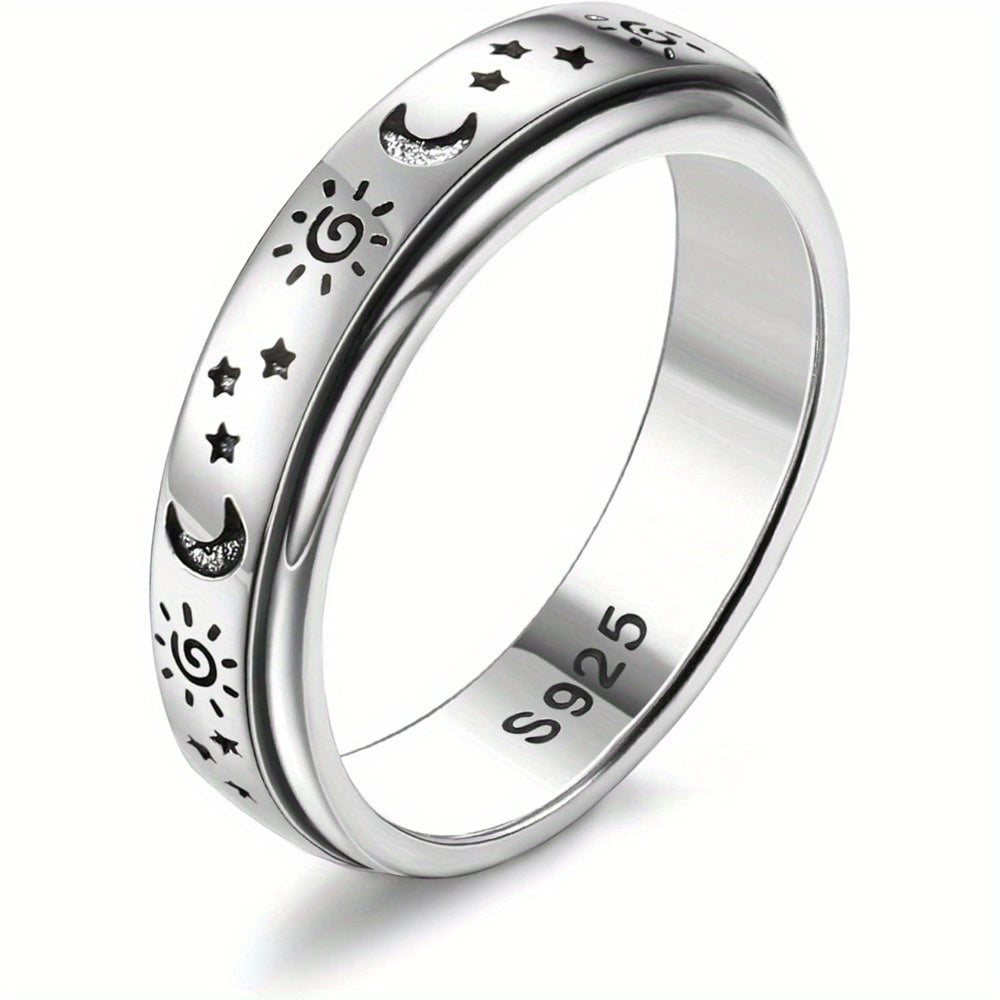 1pc 925 Sterling Silvery Anxiety Fidget Spinner Ring for Women Men - Adjustable Stress Reliever, Classic Design, 4.7g/0.17oz, Ideal for Weddings & Gifts, Wedding Accessory, Moon And Stars Motif, Durable Jewelry