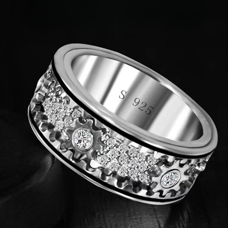 1pc 925 Silvery Gear Turnable Mechanical Retro Ring, Fall And Winter Street Fashion Men'S And Women'S Exclusive Jewelry, Suitable for Various Festivals And Occasions, Is Also The Best New Year Gift for Friends